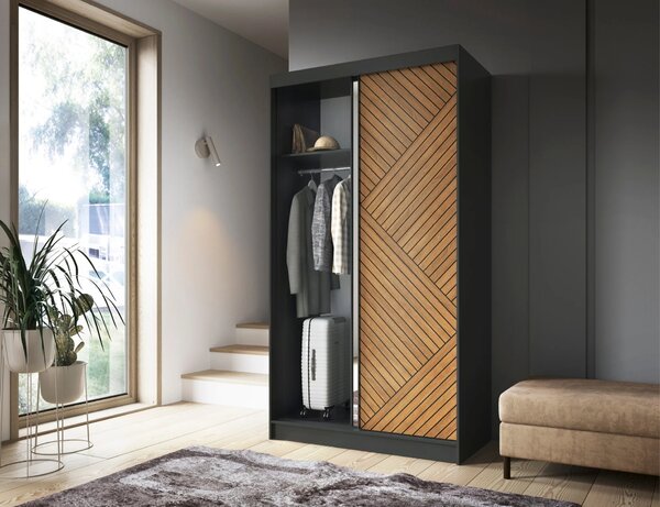 Šatní skříň se zrcadlem a posuvnými dveřmi 120 cm VALORA - černá / dub karamel