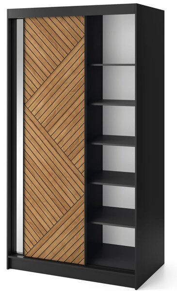 Šatní skříň se zrcadlem a posuvnými dveřmi 120 cm VALORA - černá / dub karamel