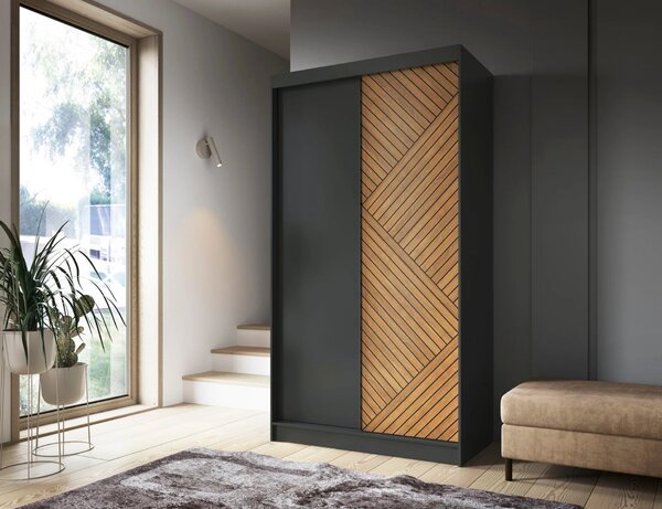 Šatní skříň s posuvnými dveřmi 120 cm VALORA - černá / dub karamel