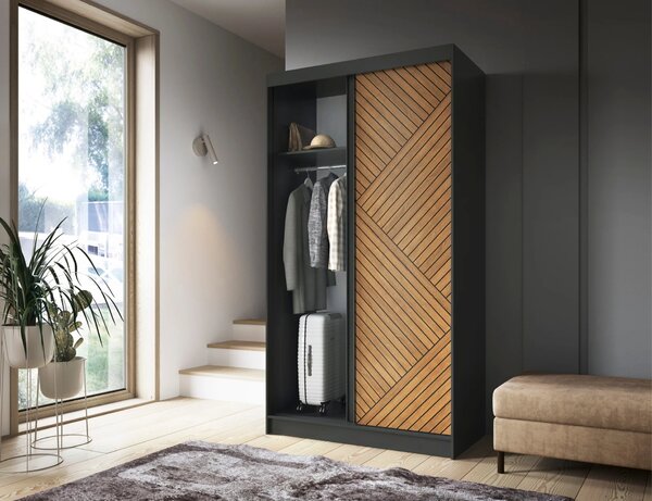 Šatní skříň s posuvnými dveřmi 120 cm VALORA - černá / dub karamel