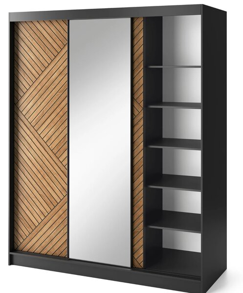 Šatní skříň se zrcadlem a posuvnými dveřmi 180 cm VALORA - černá / dub karamel
