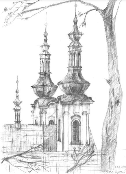 Kresba od Petra Hadravová - "Věže na Strahově", rozměr: 30 x 42 cm