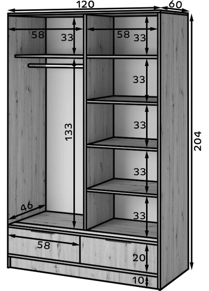 Zrcadlová šatní skříň 120 cm HELIORA - dub artisan