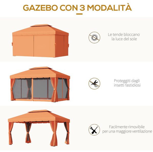 Zahradní altán Outsunny 4x3 m s moskytiérou a slunečními záclonami, venkovní altán s dvojitou střechou a anti-UV polyesterovým potahem a hliníkovým rá