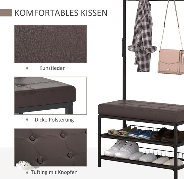 HOMCOM Stojan na kabáty s 5 háčky a botníkem se 2 patry, kovový stojan na kabáty do předsíně, ložnice, 72,5 x 35 x 180 cm | Aosom