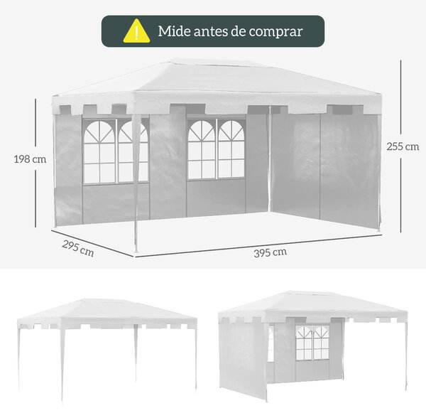 Zahradní altán Outsunny 4x3 m s odnímatelnou pergolou, 2 bočními panely, 2 okny a vodotěsným ocelovým rámem s UV ochranou pro terasu a patio, bílý | A
