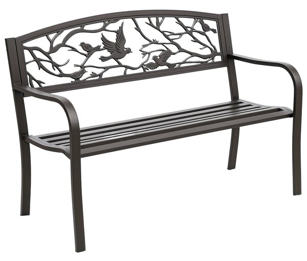 Hliníková zahradní lavička Outsunny s opěrkami a obrázkem zvířat, nosnost 240 kg, pro terasu, rozměry 127x60x85 cm, hnědá | Aosom