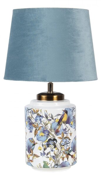 Bílá stolní lampa s malbou ptáčků a lístků na podstavci a modrým stínidlem – 25x41 cm