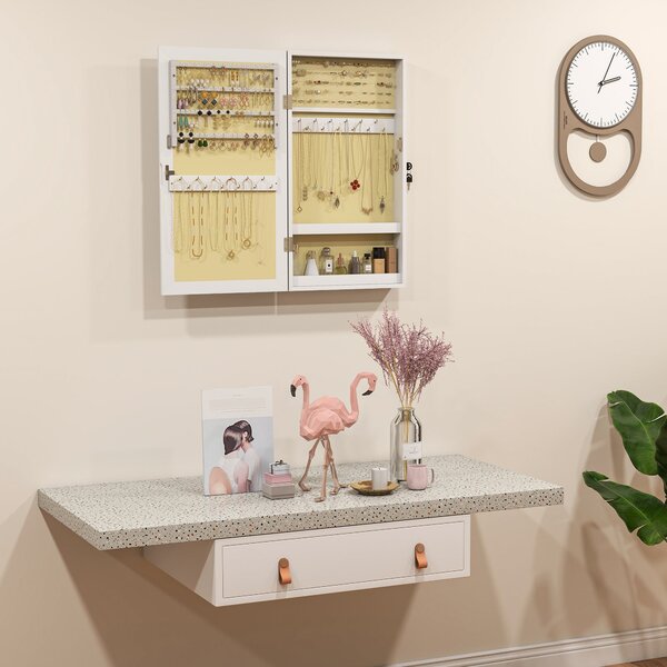 HOMCOM Zrcadlový šperkový kabinet na zeď, Šperková skříň s uzamčením, Zrcadlo v MDF pro ložnici a obývací pokoj, 36,5 x 9,5 x 67 cm, Bílá | Aosom