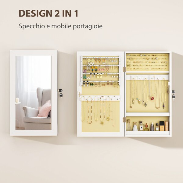 HOMCOM Zrcadlový šperkový kabinet na zeď, Šperková skříň s uzamčením, Zrcadlo v MDF pro ložnici a obývací pokoj, 36,5 x 9,5 x 67 cm, Bílá | Aosom