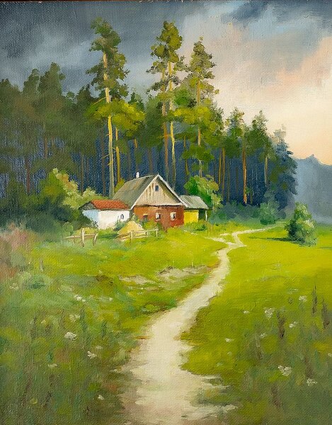 Ručně malovaný obraz od Igor Makeev - "dům u lesa", rozměr: 30 x 30 cm