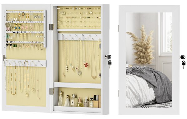 HOMCOM Zrcadlový šperkový kabinet na zeď, Šperková skříň s uzamčením, Zrcadlo v MDF pro ložnici a obývací pokoj, 36,5 x 9,5 x 67 cm, Bílá | Aosom