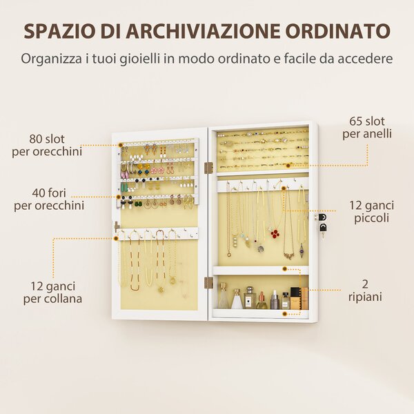 HOMCOM Zrcadlový šperkový kabinet na zeď, Šperková skříň s uzamčením, Zrcadlo v MDF pro ložnici a obývací pokoj, 36,5 x 9,5 x 67 cm, Bílá | Aosom