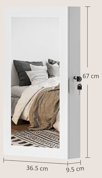HOMCOM Zrcadlový šperkový kabinet na zeď, Šperková skříň s uzamčením, Zrcadlo v MDF pro ložnici a obývací pokoj, 36,5 x 9,5 x 67 cm, Bílá | Aosom