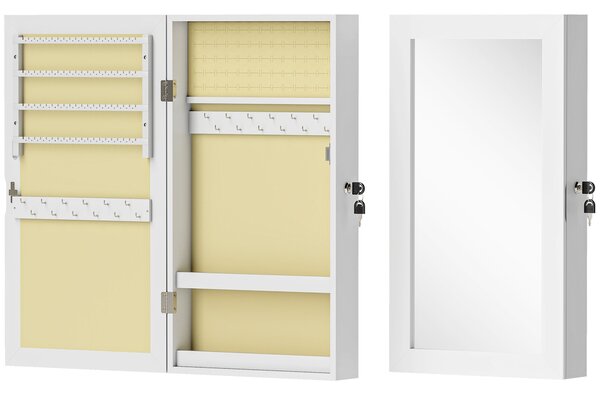 HOMCOM Zrcadlový šperkový kabinet na zeď, Šperková skříň s uzamčením, Zrcadlo v MDF pro ložnici a obývací pokoj, 36,5 x 9,5 x 67 cm, Bílá | Aosom