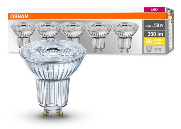 5 ks odolná LED bodovka GU10 4,3 W BASE teplá bílá