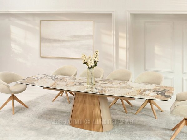 Designový rozkládací stůl 200(300)x98 PEREGRINE - béžový mramor / dub / béžový
