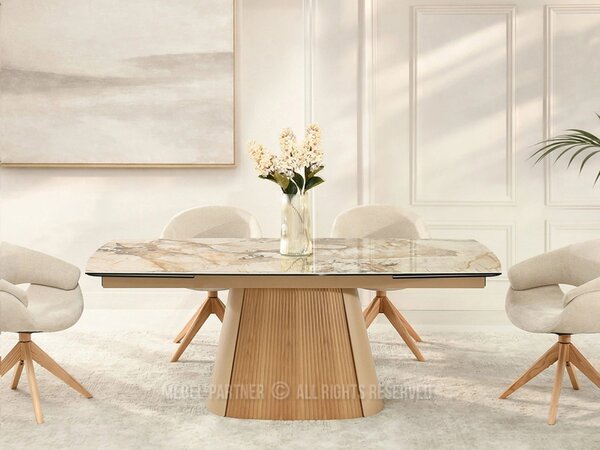 Designový rozkládací stůl 200(300)x98 PEREGRINE - béžový mramor / dub / béžový