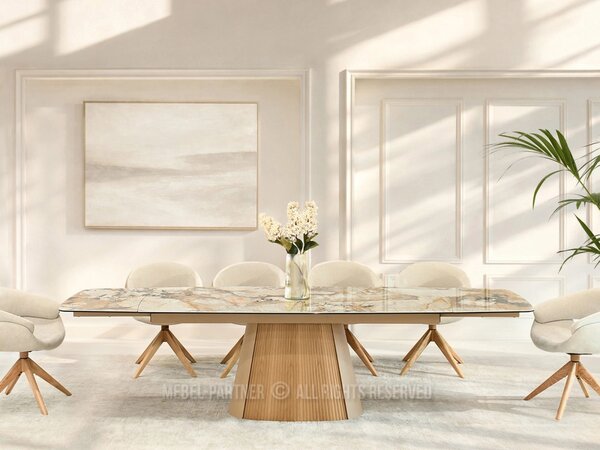 Designový rozkládací stůl 200(300)x98 PEREGRINE - béžový mramor / dub / béžový