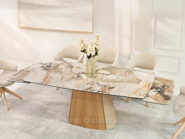 Designový rozkládací stůl 200(300)x98 PEREGRINE - béžový mramor / dub / béžový