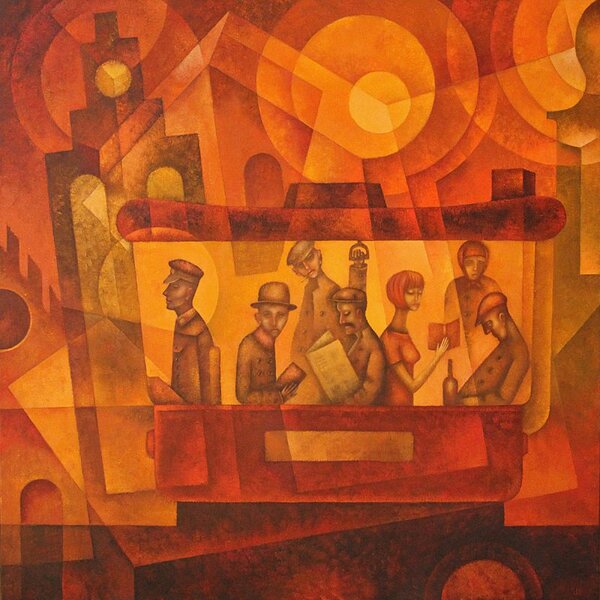 Ručně malovaný obraz od Eugene Ivanov - "Červená tramvaj", rozměr: 100 x 100 cm