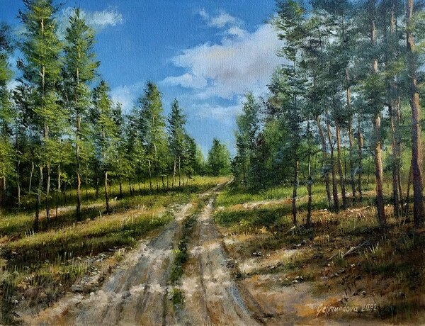 Ručně malovaný obraz od Nadezhda Gellmundova - "Borovicový les", rozměr: 40 x 30 cm