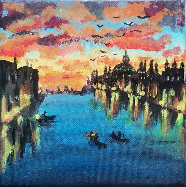 Ručně malovaný obraz od Kateryna Panchenko - "Venice night", rozměr: 16 x 16 cm