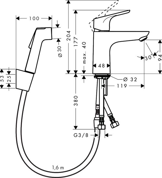 Hansgrohe Focus - Páková umyvadlová baterie 100 s ruční sprchou Bidette a sprchovou hadicí 160 cm, chrom 31927000
