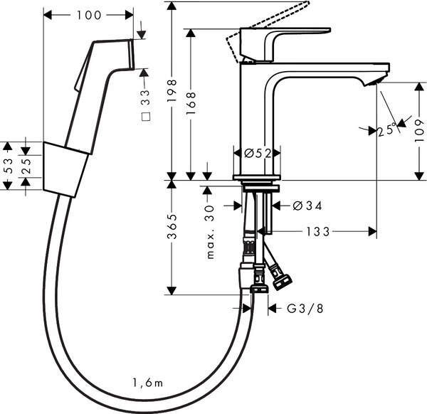 Hansgrohe Rebris E - Páková umyvadlová baterie 110 s ruční sprchou Bidette a sprchovou hadicí 160 cm, chrom 72216000