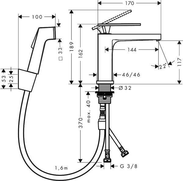Hansgrohe Tecturis E - Páková umyvadlová baterie 110 s ruční sprchou Bidette a sprchovou hadicí 160 cm, chrom 73210000
