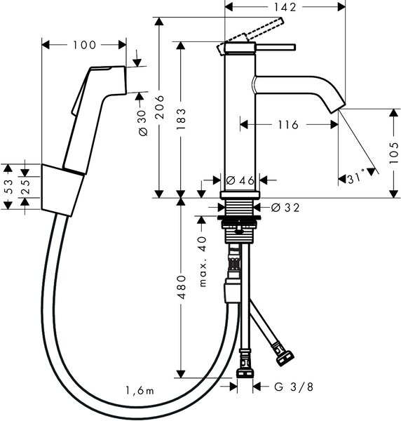 Hansgrohe Tecturis S - Páková umyvadlová baterie 110 s ruční sprchou Bidette a sprchovou hadicí 160 cm, černá matná 73211670