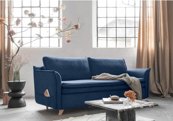 Tmavě modrá sametová rozkládací pohovka 225 cm Charming Charlie – Miuform