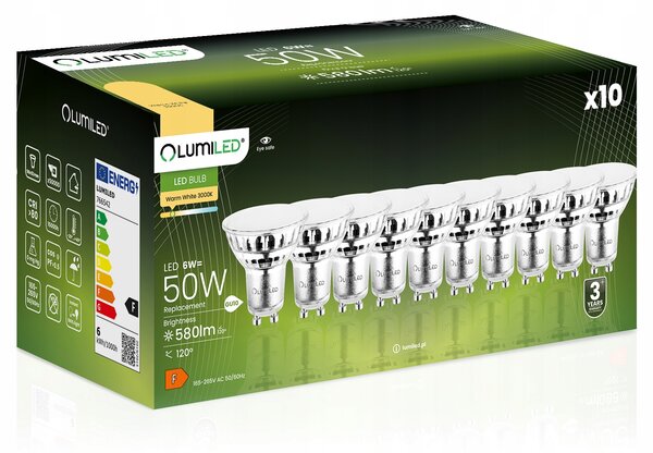10x LED žárovka GU10 Reflektor 6W = 50W 580lm 3000K Teplá bílá 120° LUMILED