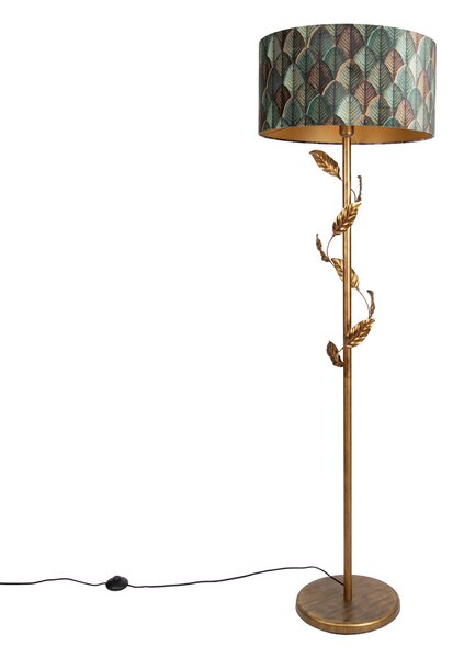 Zlatá stojací lampa se stínidlem s motivem listů a zlatým interiérem 50 cm - Linden