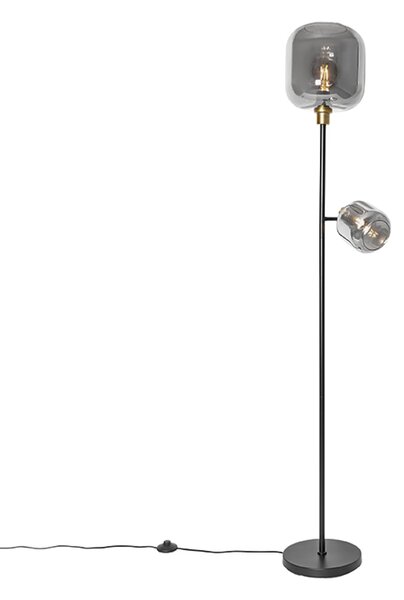 Stojací lampa černá se zlatem a kouřovým sklem 2-světlo - Zuzanna