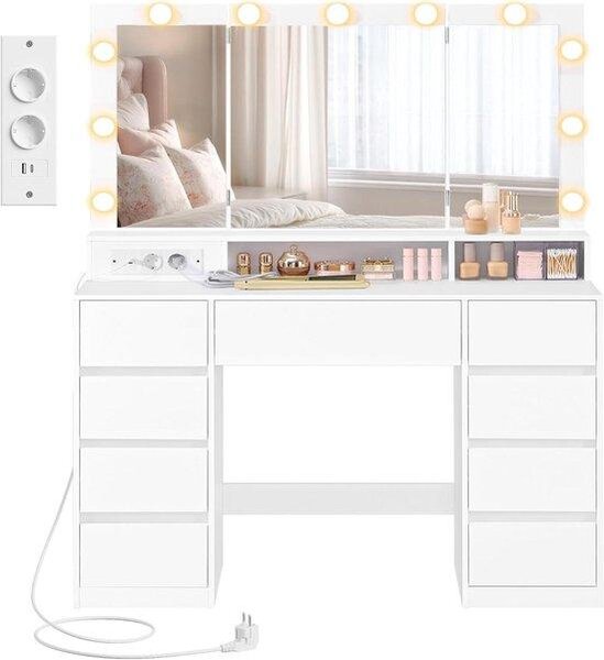 Kosmetický stolek se zrcadlem - Toaletní stolek - Pro líčení - S elektrickými zásuvkami - 107 x 40 x 144 cm - Bílá barva
