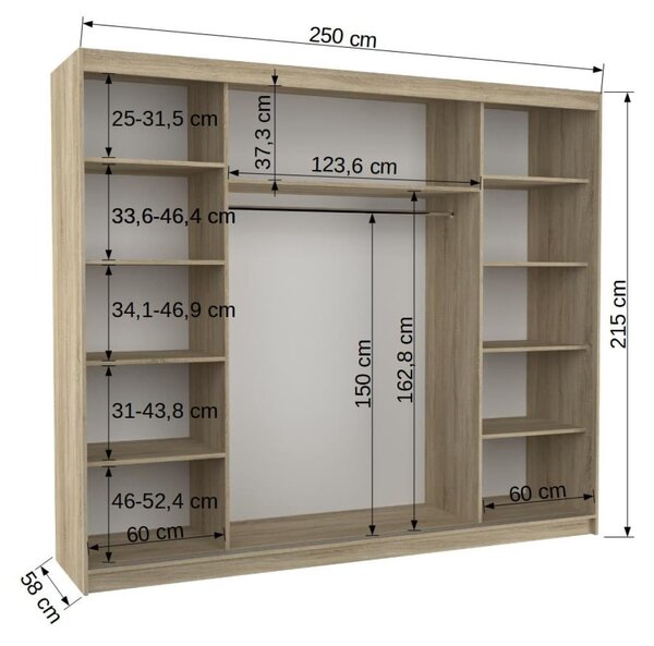 Šatní skříň s posuvnými dveřmi Antos - 250 cm Barva: dub Sonoma/Bílá