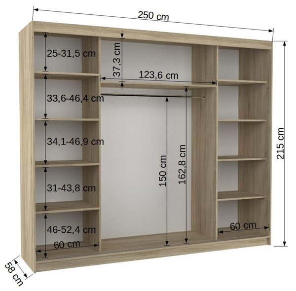 Šatní skříň s posuvnými dveřmi Diego - 250 cm Barva: Bílá/dub Sonoma