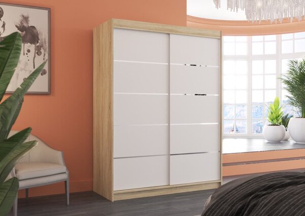 Šatní skříň s posuvnými dveřmi Riva - 150 cm Barva: dub Sonoma/Bílá