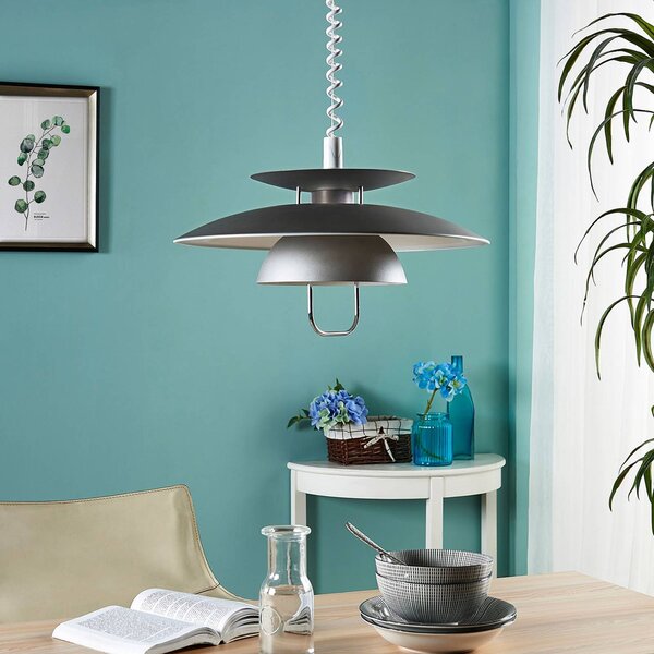 Lindby Závěsná lampa Nadija, šedá, 43 cm, výškově nastavitelná, E27, stmívatelný, Hliník / šedá / zinek, Kuchyň, kov, Skandinávský