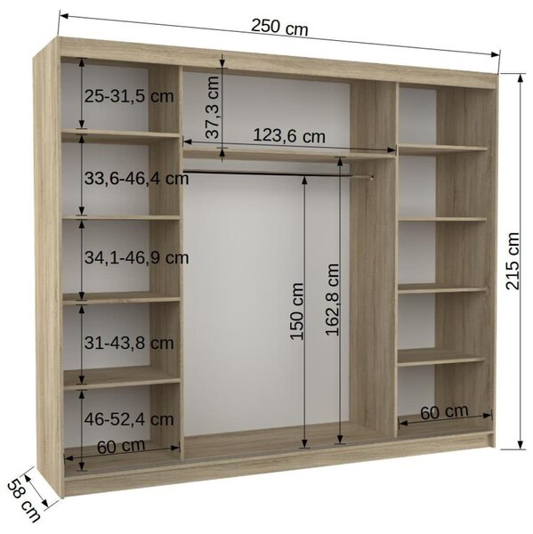 Šatní skříň s posuvnými dveřmi Salto - 250 cm Barva: dub Sonoma
