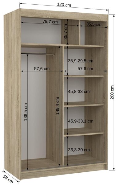 Šatní skříň s posuvnými dveřmi Marvin - 120 cm Barva: Bílá/dub Sonoma