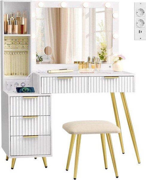 Kosmetický stolek Kaptafel s židlí - Toaletní stolek se zrcadlem - Péče o krásu - Nastavitelné LED osvětlení - Šířka 110 cm - Barva: oblaková bílá
