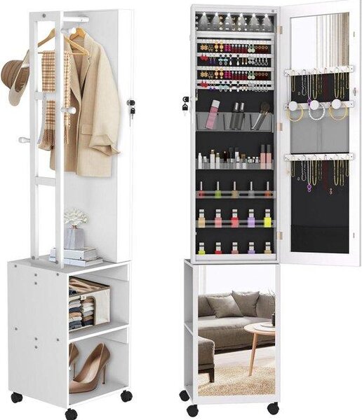 Šperkovnice se zrcadlem – komoda na kosmetiku – organizér na kosmetiku – s osvětlením – 170x36x40 cm – bílá