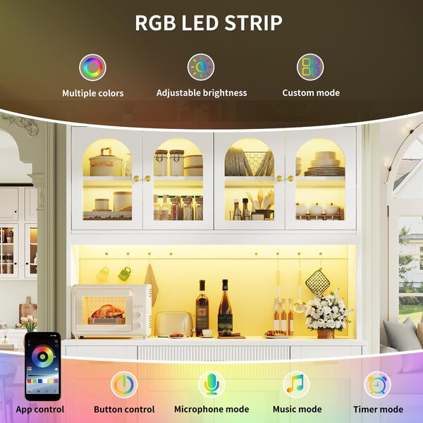 Vysoká skříňka do kuchyně, šířka 120 cm, s RGB LED osvětlením, ovládáním přes aplikaci, 3 skleněnými vitrínami a výsuvnými bočními policemi, bílá barva