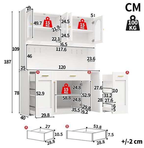 Vysoká skříňka do kuchyně, šířka 120 cm, s RGB LED osvětlením, ovládáním přes aplikaci, 3 skleněnými vitrínami a výsuvnými bočními policemi, bílá barva