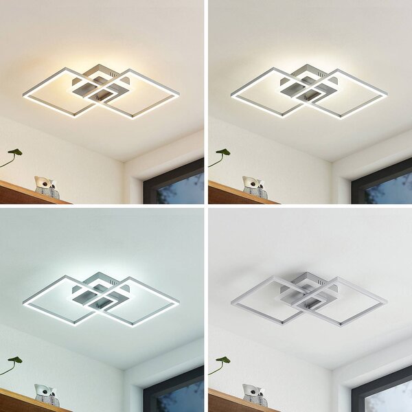 Lindby LED stropní svítidlo Fjardo, hranaté, stříbrné, dálkové ovládání, stmívatelný, Hliník / šedá / zinek, Obývací pokoj / jídelna, Hliník, Moderní
