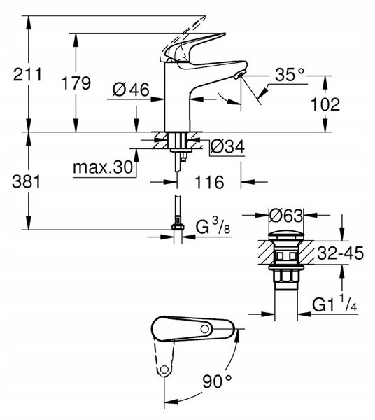 Umyvadlová baterie Grohe Swift velikost M klik-klak OpenCold 24329001