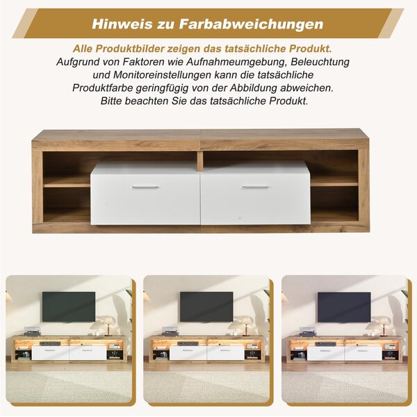 TV stolek o rozměrech 180x35,5x50 cm vyrobený z dřevotřísky s povrchem imitujícím přírodní dřevo a bílou barvou, s úložným prostorem a LED osvětlením ovládaným aplikací, určený do obývacího pokoje