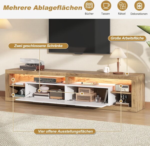 TV stolek o rozměrech 180x35,5x50 cm vyrobený z dřevotřísky s povrchem imitujícím přírodní dřevo a bílou barvou, s úložným prostorem a LED osvětlením ovládaným aplikací, určený do obývacího pokoje